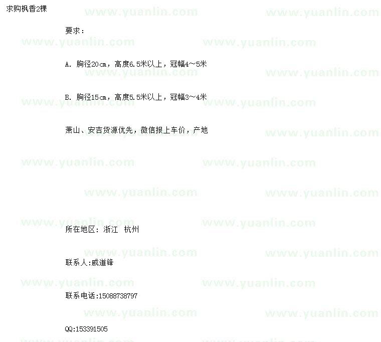 求購胸徑15、20公分楓香