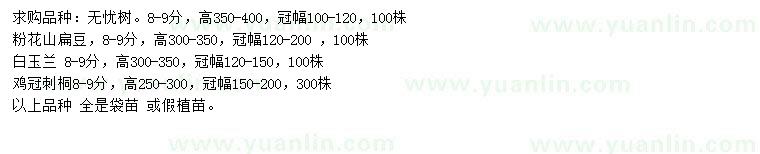 求購(gòu)無憂樹、粉花山扁豆、白玉蘭等