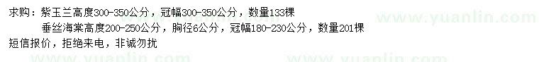 求購(gòu)高300-350公分紫玉蘭、200-250公分垂絲海棠