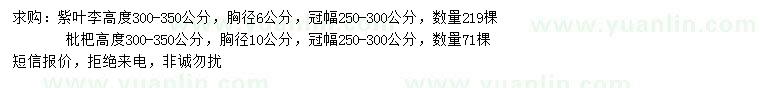 求購(gòu)胸徑6公分紫葉李、10公分枇杷樹(shù)