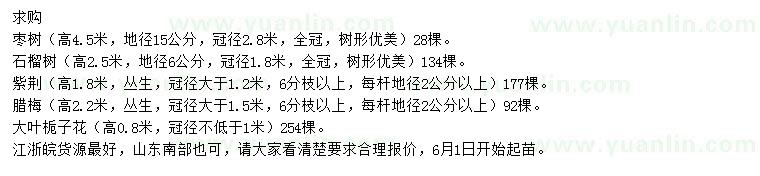 求購棗樹、石榴樹、紫荊等