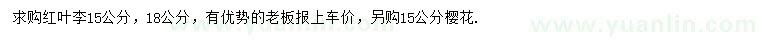 求購15、18公分紅葉李、15公分櫻花
