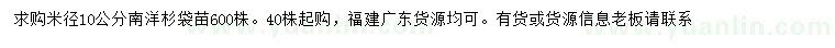 求購米徑10公分南洋杉