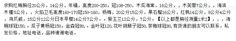 求購紅梅、年橘、木瓜海棠等