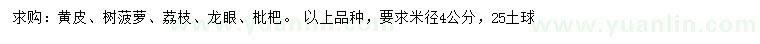 求購樹菠蘿、荔枝、龍眼等