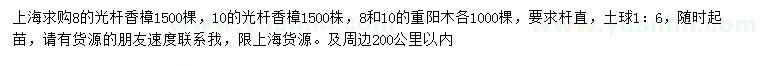 求購8、10公分香樟、重陽木