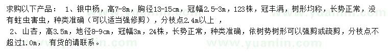 求購高7-8米銀中楊、高3.5米山杏