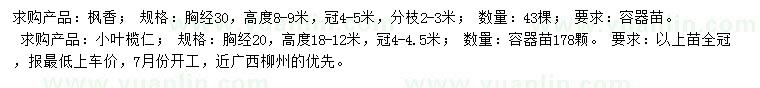 求購胸徑30公分楓香、20公分小葉欖仁