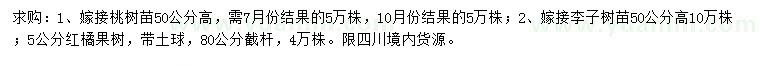 求購嫁接桃樹苗、嫁接李子樹苗、紅橘果樹