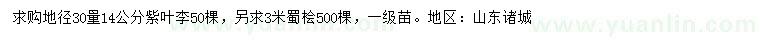 求購30量14公分紫葉李、3米蜀檜