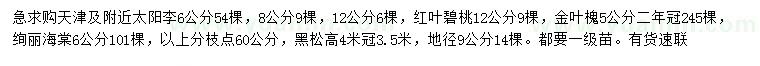求購太陽李、紅葉碧桃、金葉槐等