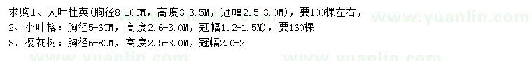 求購大葉杜英、小葉榕、櫻花樹