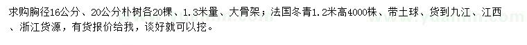求購(gòu)胸徑16、20公分樸樹(shù)、高1.2米法國(guó)冬青