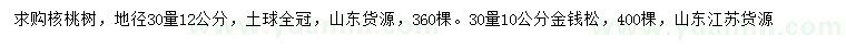 求購(gòu)30量12公分核桃樹(shù)、10公分金錢(qián)松