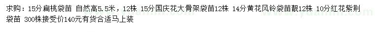 求購扁桃袋苗、國慶花、黃花風(fēng)鈴等