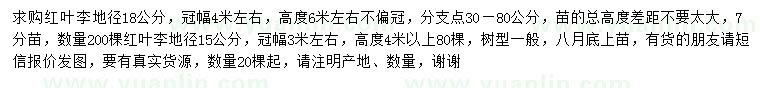 求購(gòu)地徑15、18公分紅葉李