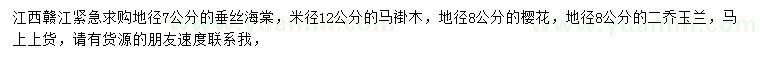 求購垂絲海棠、馬褂木、櫻花等