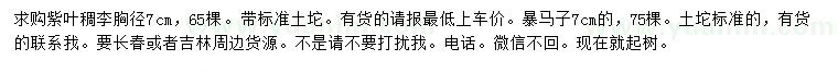 求購胸徑7公分紫葉稠李、暴馬子