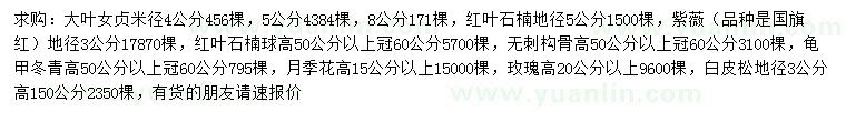 求購大葉女貞、紅葉石楠、紫薇等