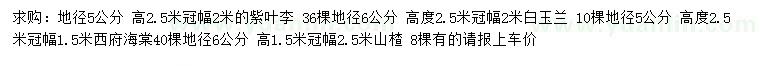 求購紫葉李、白玉蘭、西府海棠等
