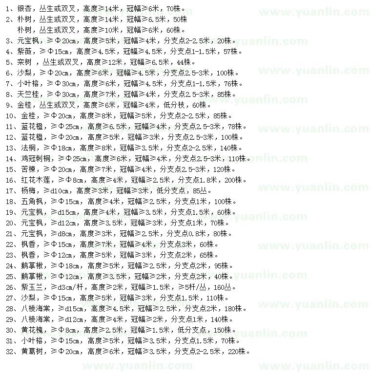 求購銀杏、樸樹、元寶楓等