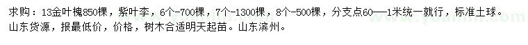 求購13公分金葉槐6、7、8公分紫葉李