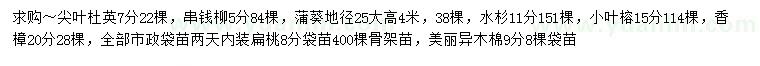 求購尖葉杜英、串錢柳、蒲葵等