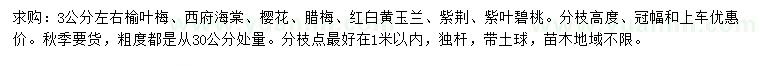 求購榆葉梅、西府海棠、櫻花等