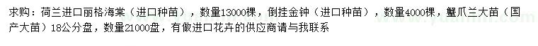 求購麗格海棠、倒掛金鐘、蟹爪蘭