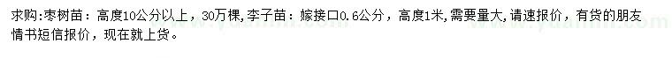 求購高10公分以上棗樹苗、1米李子苗