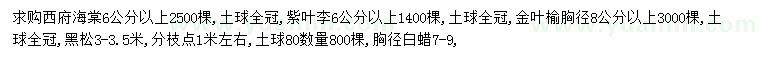 求購西府海棠、紫葉李、金葉榆等