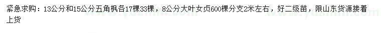求購13、15公分五角楓、8公分大葉女貞