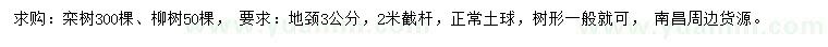 求購地徑3公分欒樹、柳樹