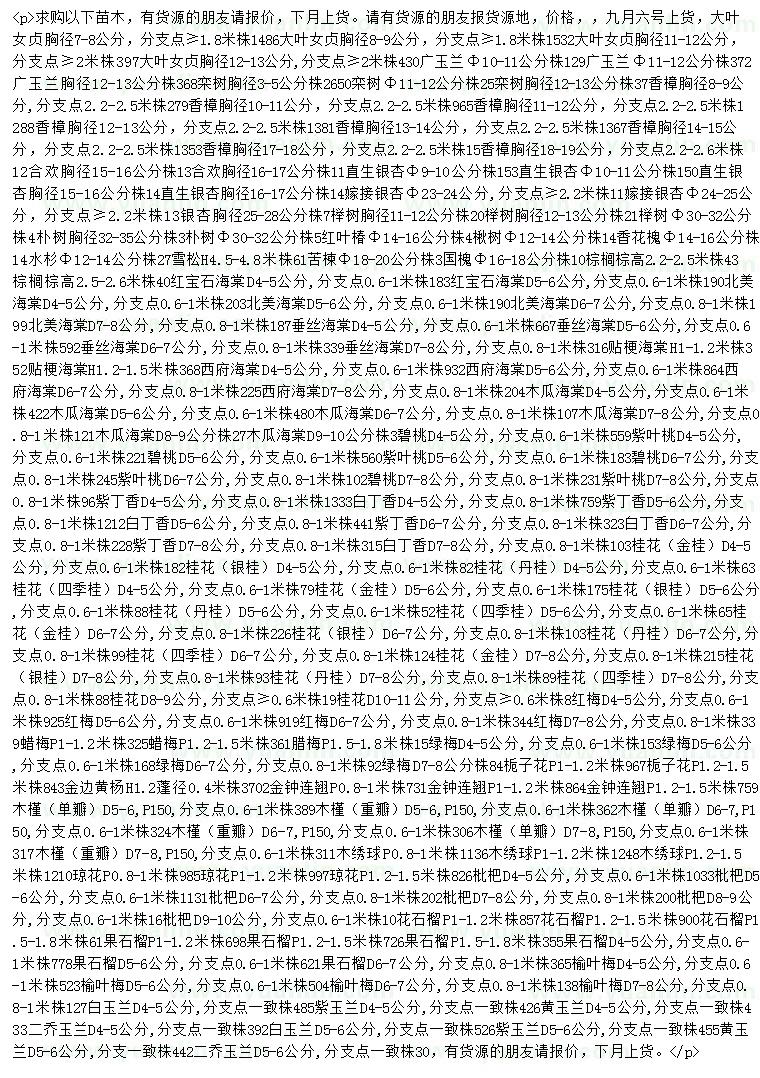求購大葉女貞、廣玉蘭、欒樹等