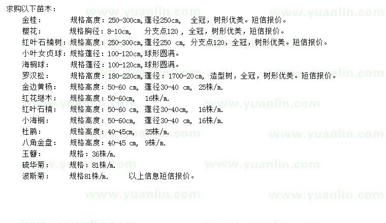 求購金桂、櫻花、紅葉石楠等