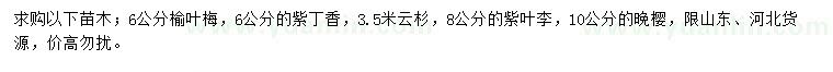 求購榆葉梅、紫丁香、云杉等