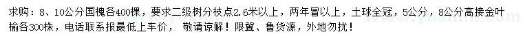求購8、10公分國槐、5、8公分金葉榆
