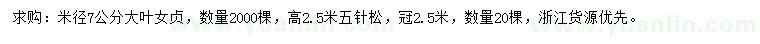 求購(gòu)米徑7公分大葉女貞、高2.5米五針?biāo)? />
                        <br />
                        <label style=