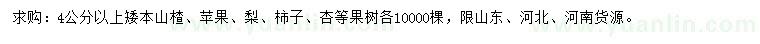 求購矮本山楂樹、蘋果樹、梨樹等