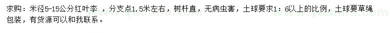 求購米徑5-15公分紅葉李