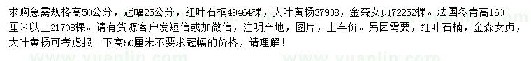 求購紅葉石楠、大葉黃楊、金森女貞等