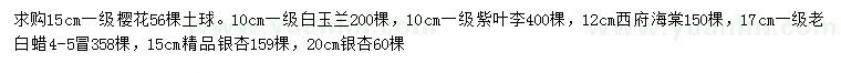 求購櫻花、白玉蘭、紫葉李等