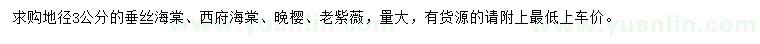 求購垂絲海棠、西府海棠、晚櫻等