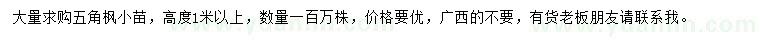 求購高度1米以上五角楓小苗