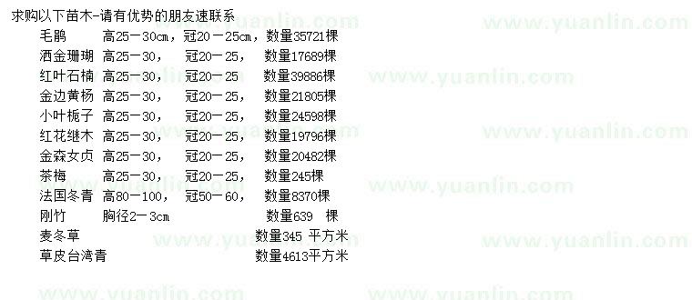 求購毛鵑、灑金珊瑚、紅葉石楠等