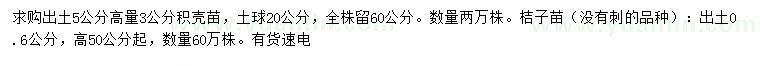 求購5量3公分積殼苗、好50公分以上桔子苗