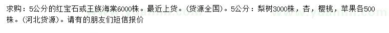 求購紅寶石海棠、王族海棠、梨樹等