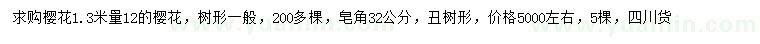 求購(gòu)1.3米量12公分櫻花、32公分皂角