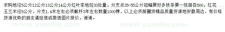 求購地徑30公分處量5-14公分紅葉李、米徑5公分紅花玉蘭