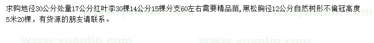 求購地徑30公分處理14、17公分紅葉李、胸徑12公分黑松